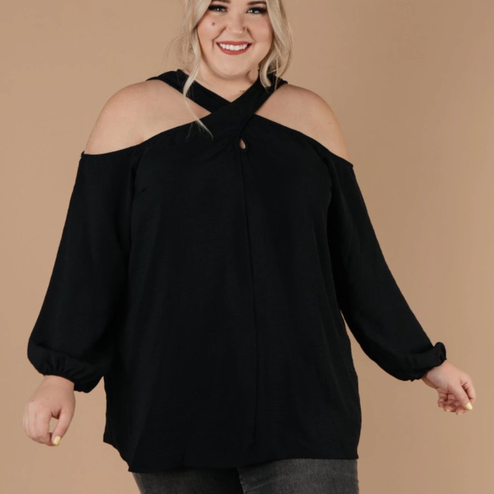 Black Satin Cold Shoulder Top NWT